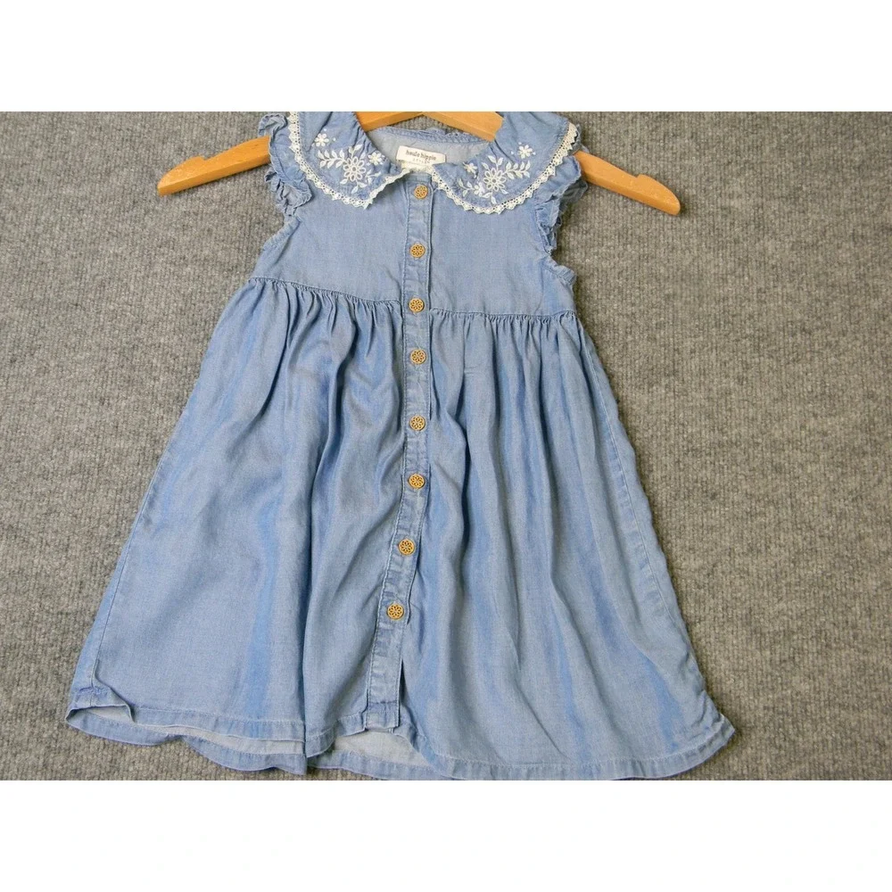 Haute Hippie Style Girls 3T Blue Chambray Dress Floral Embroidered Lace Collar
